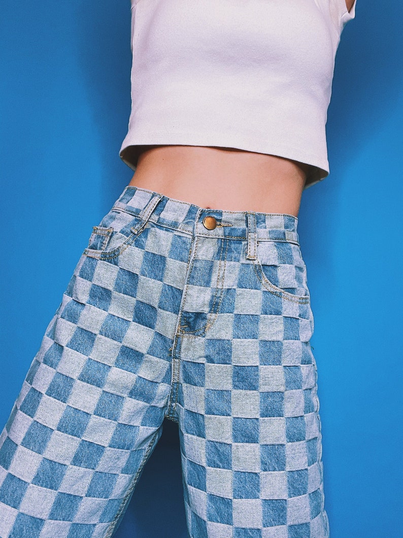 CHECKERED Patchwork Jeans / Checker / Y2K Retro Jeans / Two Toned Jeans / Reconstructed Jeans / Upcycled Jeans / eGirl Aesthetic Clothing 