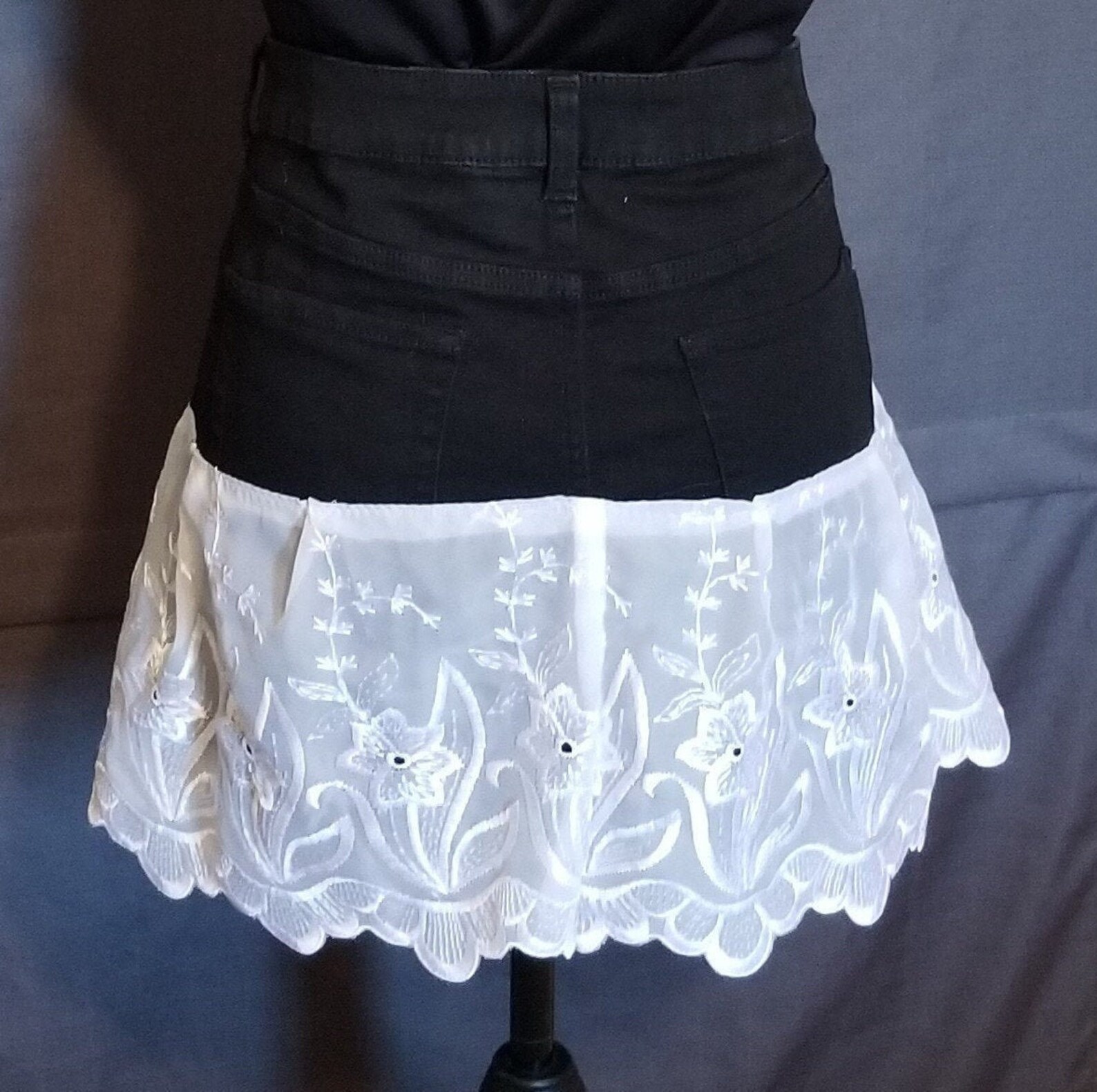 Short Black Denim Skirt with White Lace Ruffle UpCycled Etsy