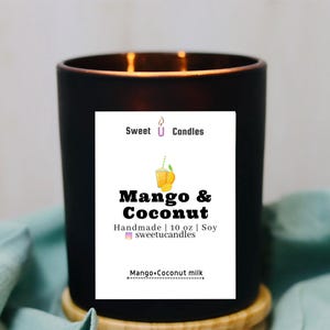 Mango and Coconut Milk Soy Candle 10oz -Tropical Scented Candle - Summer Home Decor - Handmade Gift - Matte Black /Clear Jar with Wooden Lid