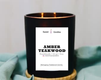 Amber Teakwood Candle: Woodsy Musk Scent - 10oz Matte Black Jar