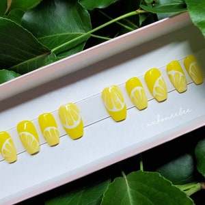 Lemon nails, summer nails, summertime nails, lemon press ons, fruit nails, strengthened press on nails, customizable style and length nails