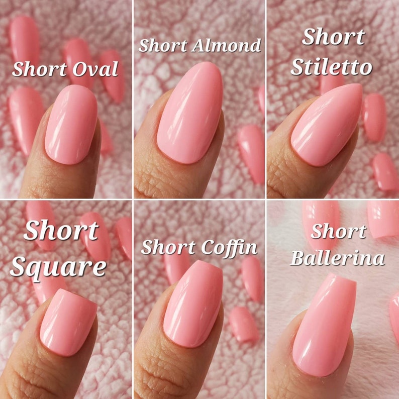 Peut inclure: Six formes diff&eacute;rentes de clous courts sont pr&eacute;sent&eacute;es sur une main. Les formes sont ovale, amande, stiletto, carr&eacute;, cercueil et ballerine.