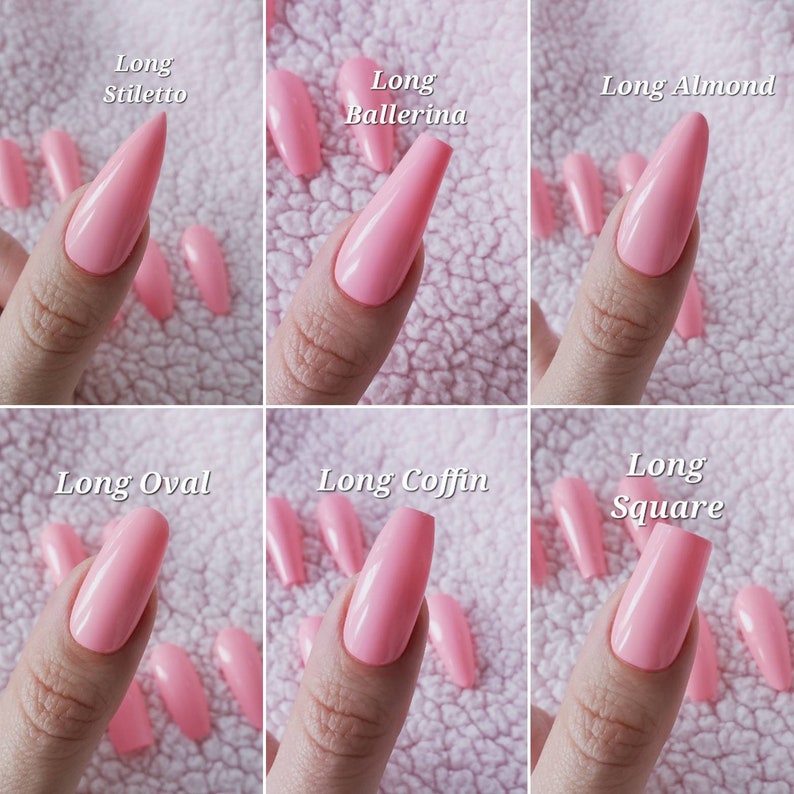 Peut inclure: Six doigts montrent six formes diff&eacute;rentes d'ongles. Les formes sont stiletto long, ballerine long, amande long, ovale long, cercueil long et carr&eacute; long. Tous les ongles sont peints d'une couleur rose clair.