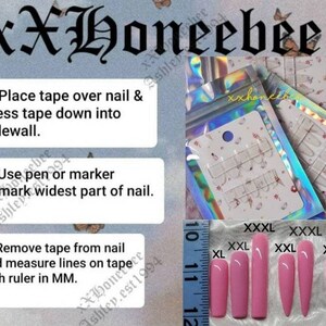 Peut inclure: Instructions pour l'application d'ongles en gel avec une r&egrave;gle mesurant en centim&egrave;tres. L'image montre une r&egrave;gle avec des mesures de 25 &agrave; 30 centim&egrave;tres, et cinq ongles en gel roses de diff&eacute;rentes tailles &eacute;tiquet&eacute;s XL, XXL et XXXL.