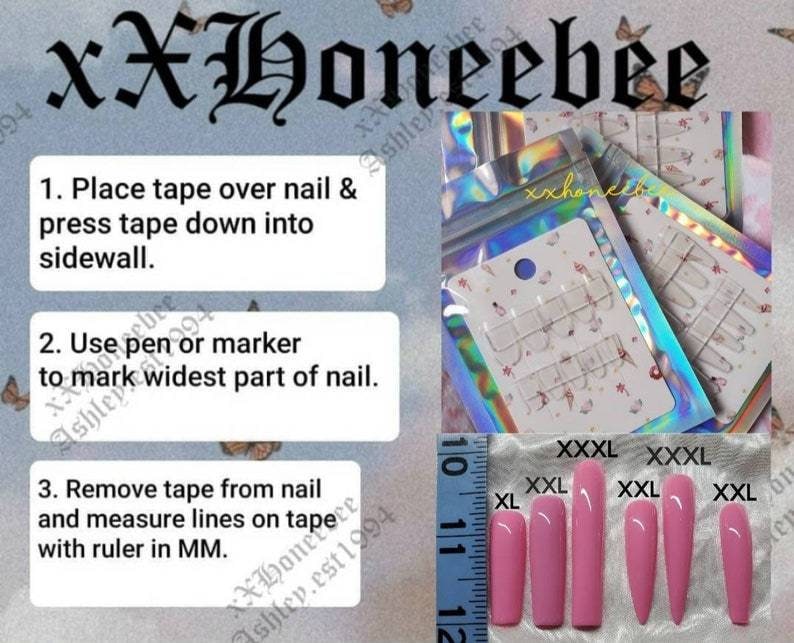 Peut inclure: Instructions pour l'application d'ongles en gel avec une r&egrave;gle mesurant en centim&egrave;tres. L'image montre une r&egrave;gle avec des mesures de 25 &agrave; 30 centim&egrave;tres, et cinq ongles en gel roses de diff&eacute;rentes tailles &eacute;tiquet&eacute;s XL, XXL et XXXL.