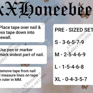 Peut inclure: Un graphique avec des instructions sur la fa&ccedil;on de mesurer les tailles d'ongles pour des ensembles de pointes d'ongles pr&eacute;-dimensionn&eacute;s. Le graphique comprend le texte "xXHoneebee" et "PRE - SIZED SETS". Les tailles sont indiqu&eacute;es en S, M, L et XL, avec les num&eacute;ros correspondants pour chaque taille.