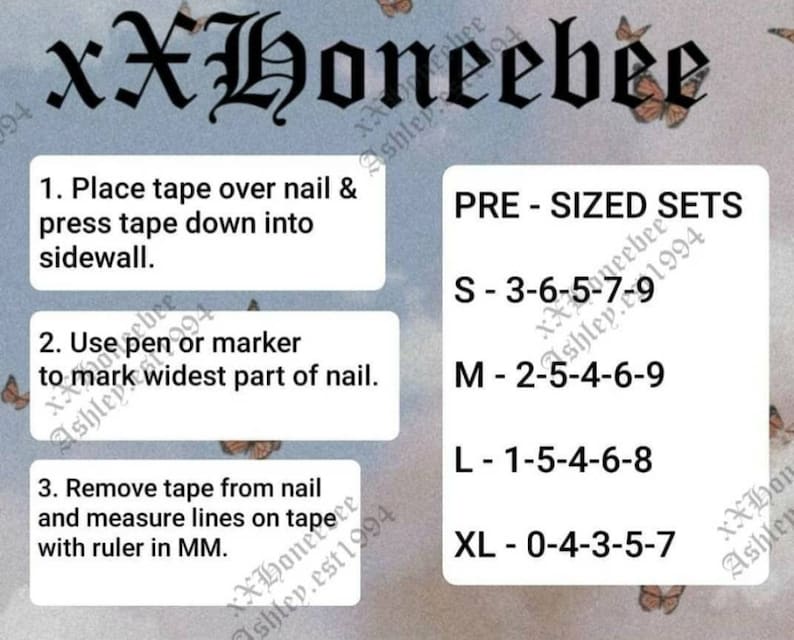 Peut inclure: Un graphique avec des instructions sur la fa&ccedil;on de mesurer les tailles d'ongles pour des ensembles de pointes d'ongles pr&eacute;-dimensionn&eacute;s. Le graphique comprend le texte "xXHoneebee" et "PRE - SIZED SETS". Les tailles sont indiqu&eacute;es en S, M, L et XL, avec les num&eacute;ros correspondants pour chaque taille.