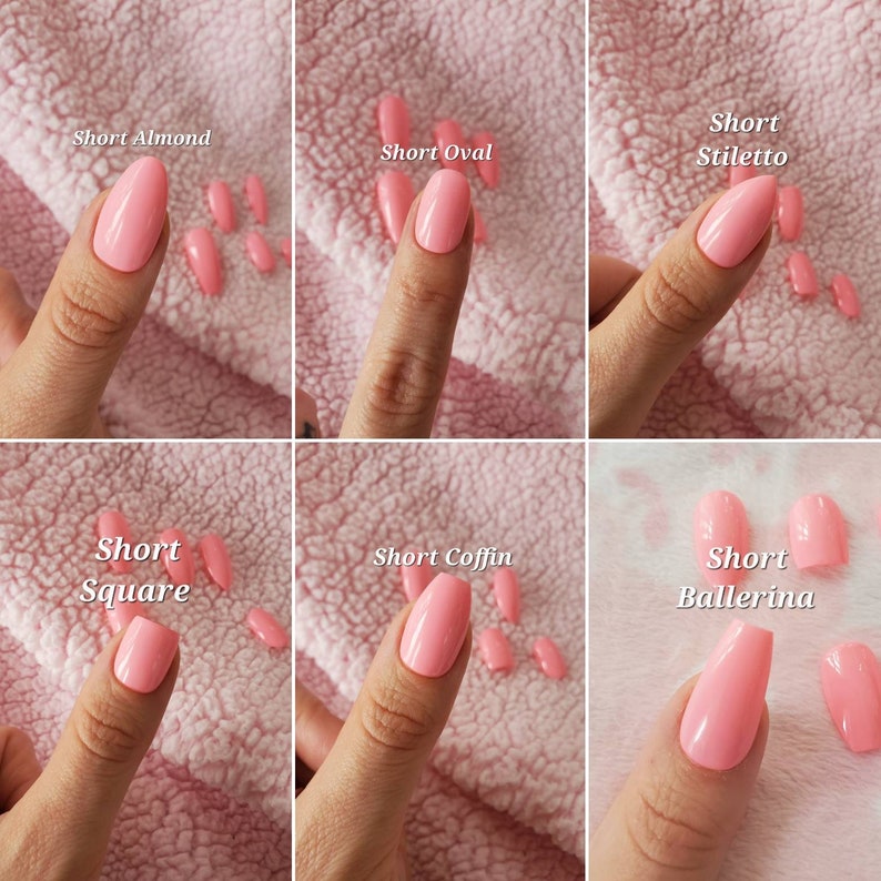 Peut inclure: Un collage de six images montrant diff&eacute;rentes formes d'ongles, notamment l'amande courte, l'ovale courte, le stiletto court, le carr&eacute; court, le cercueil court et la ballerine courte. Tous les ongles sont peints d'une couleur rose clair.