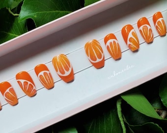 Orange nails, orange press on nails, handpainted nails, strengthened press on nails, customize you style/shape nails, summer nails