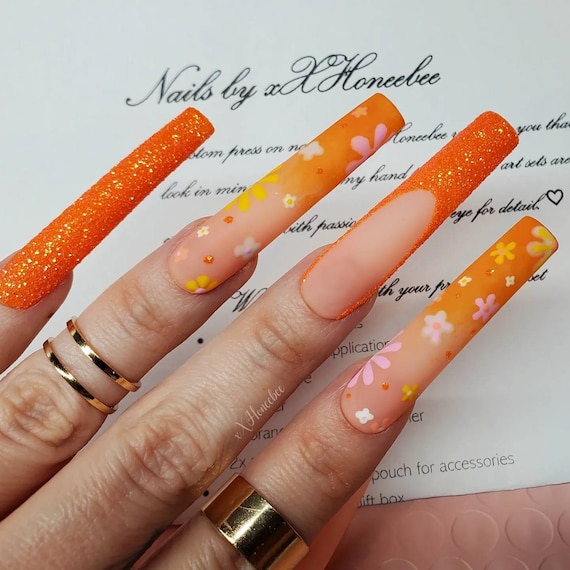 Summer nails I luxury press ons I custom length and shape I orange nails I summer nails I Strengthened press on nails I long press on nails
