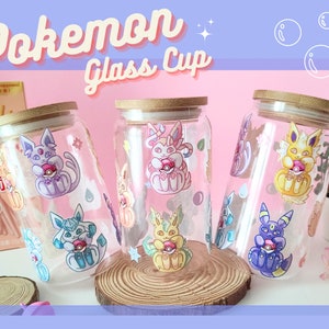 PKMON EEVEELUTIONS Glass Cup // Kawaii Anime Drinking Glass/ Iced Coffee Cup