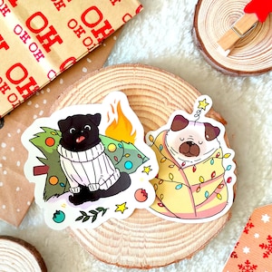 Pegatinas Pugs Navidad loca // Perros - Mascotas lindas con regalos y árbol de Navidad