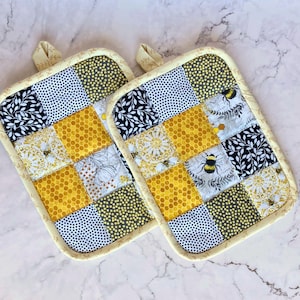 Kitchen Pot Holders or hot pads - Handmade Quilted Pot Holder - Bee Kitchen Decor - Patchwork Yellow Tan and Black Pot holder - Hostess Gift