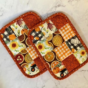 Thanksgiving Kitchen Pot Holders or Hot Pads - Handmade Quilted Pot Holder - Fall Kitchen Decor - Hostess Gift - Patchwork Harvest Hot Pad