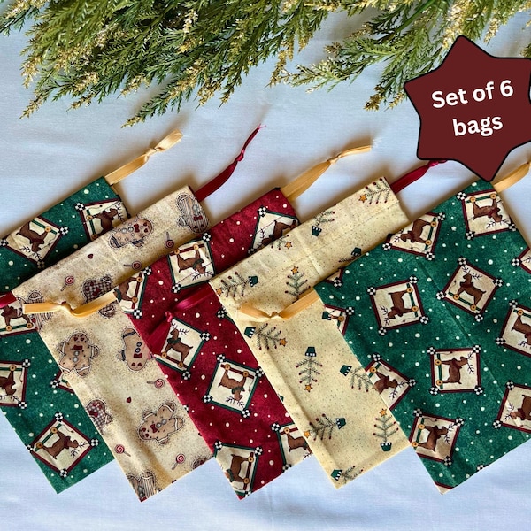 Christmas Fabric Gift Bag - Small Christmas Candy Bag - Drawstring Gift Pouch - Reusable Holiday Gift Bag Set of 6