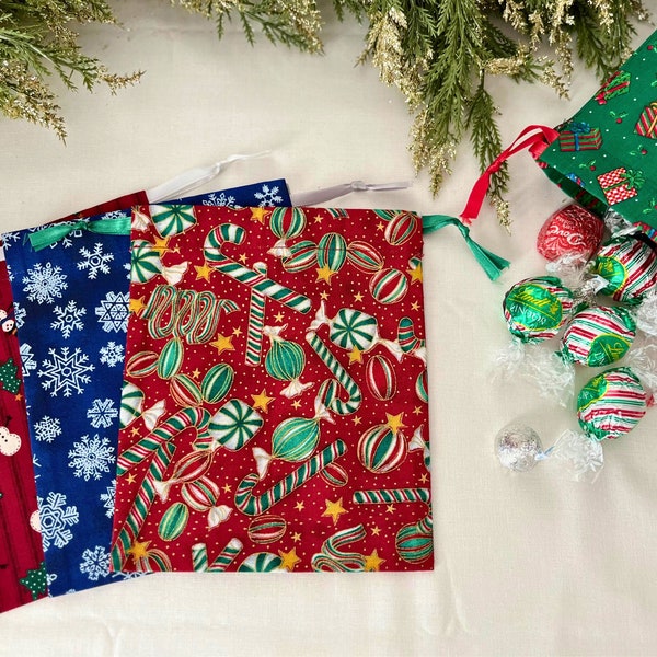 Christmas Fabric Gift Bag - Small Christmas Candy Bag - Drawstring Gift Pouch - Reusable Holiday Gift Bags - Mix & Match