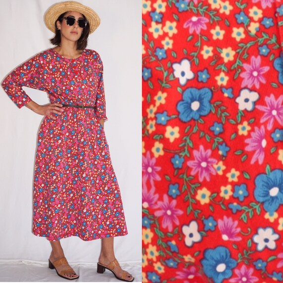 Vintage 1990s Size XL Pretty Floral Red Jersey Cot