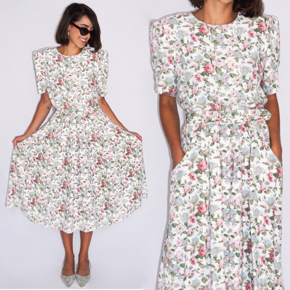 Vintage 1980's Rose Floral Dress with Belt Size 8