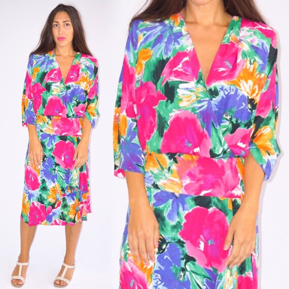 Vintage 1990's Bright Faux Wrap Summer Dress Size