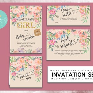 May include: A baby shower invitation set with floral watercolor designs. The set includes an invitation, diaper raffle card, book request card, and thank you card. The invitation reads "sweet baby GIRL" and "Baby sprinkle".