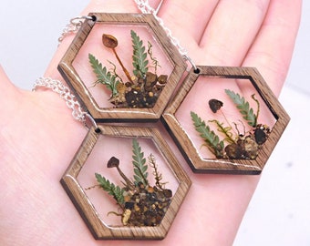 Mushroom Terrarium Necklace, Walnut Hexagon Pendant, Botanical Jewelry
