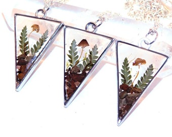 Silver Mushroom Terrarium Necklace, Real Moss Fern Resin Pendant