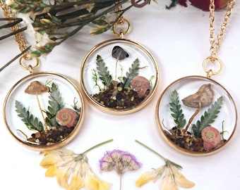 Mushroom necklace with real snail shell, elven fairy cottagecore aesthetic gold jewelry, woodland fae pendant, elvish