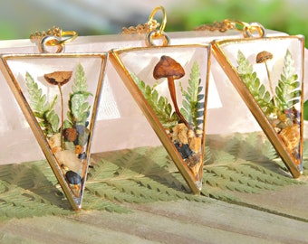 Mushroom Terrarium Necklace, Gold Elven Botanical Pendant