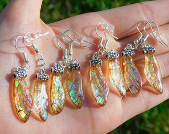 Holographic Cicada Wing Resin Earrings, Cottagecore Fairy Jewelry
