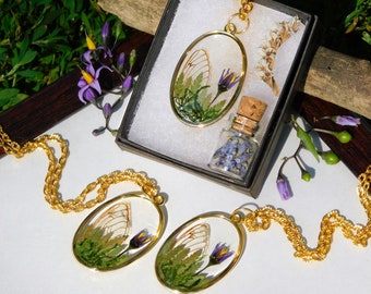 Cicada Wing Resin Necklace, Wildflower Fern Moss Pendant, Cottagecore Fairy Jewelry