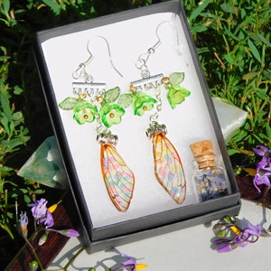 Holographic cicada wing earrings with green flowers, cottagecore fairy wing resin jewelry, silver floral oddity jewelry, bug lover gift
