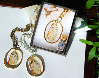 Golden Oval Cicada Wing Necklace, Cottagecore Insect Resin Jewelry
