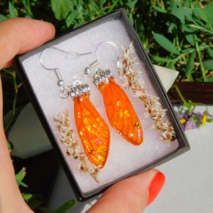 Cicada wing earrings with a orange holographic background, insect wing resin jewelry, cute bug lover gift, cottagecore fairy wing earrings