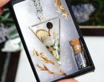 Mushroom terrarium necklace with a cicada wing, pressed flower, snail shell, silver wildflower resin pendant, botanical fairy necklace gift