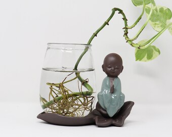 Buddha Statue with Glass Vase Planter/ Cute Buddha/ Glass Container as Hydroponic bottle or Fishbowl/ Gift idea/ Fine China/ Home Decoration