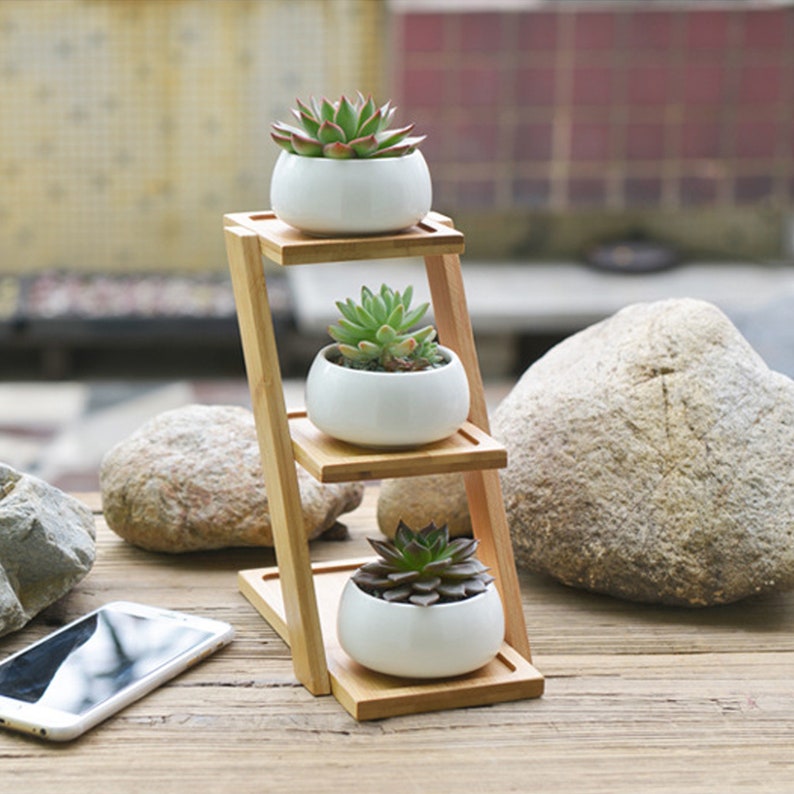 White ceramic flower pots with bamboo rack set/ Grace Japanese Style Planter Set/ Succulent Pot/ Home Decoration / Gift to Mom/Mother's Day image 1