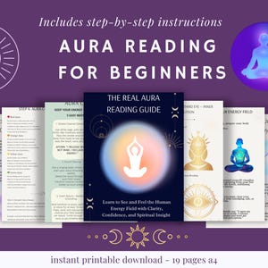 Puede incluir: Guía de Lectura de Aura para Principiantes con instrucciones paso a paso. La portada presenta a una persona en pose meditativa dentro de un aura brillante. Incluye 19 páginas imprimibles.