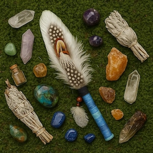 May include: A central feather fan with a blue wrapped handle, surrounded by various raw and polished crystals, two bundles of dried sage, and a small glass vial containing brown powder, all arranged on a textured green surface.
