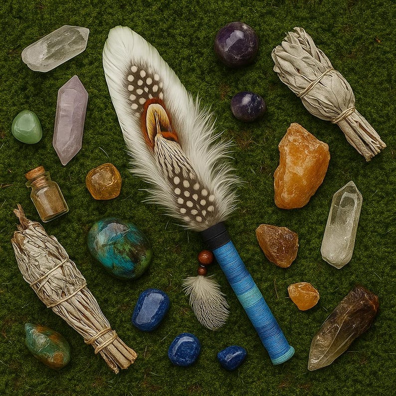 May include: A central feather fan with a blue wrapped handle, surrounded by various raw and polished crystals, two bundles of dried sage, and a small glass vial containing brown powder, all arranged on a textured green surface.