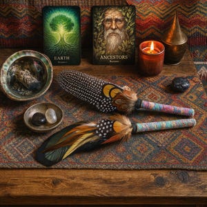 May include: Two ceremonial feather fans featuring spotted black and white plumage, accented with orange and brown feathers. Each handle is wrapped in multicoloured yarn. The items are displayed alongside two cards labelled Earth and Ancestors.