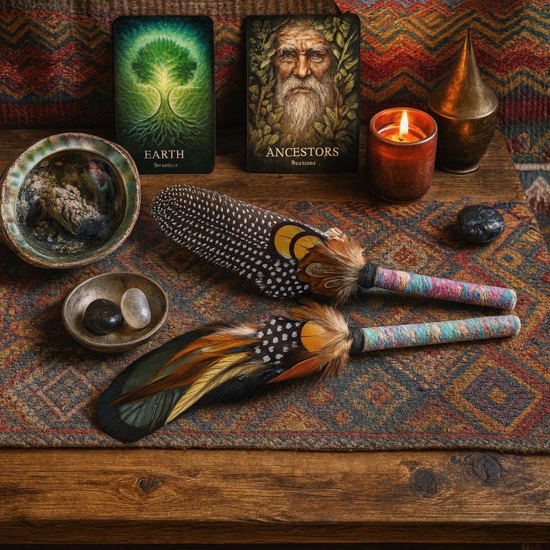 May include: Two ceremonial feather fans featuring spotted black and white plumage, accented with orange and brown feathers. Each handle is wrapped in multicoloured yarn. The items are displayed alongside two cards labelled Earth and Ancestors.