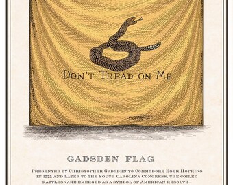 Vlag van Gadsden | Trap niet op mij | Revolutionaire oorlogsvlagkunst | 18e-eeuwse gravure | Historisch wanddecor