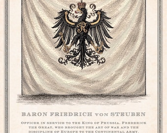 Baron von Steuben Flag Print | Prussian Eagle Banner | Revolutionary War Flag Art | 18th Century Copperplate Engraving | Historical Wall Art