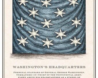 Print met vlag van het hoofdkantoor van Washington | George Washington standaard | 18e-eeuwse kopergravure | Historische muurkunst