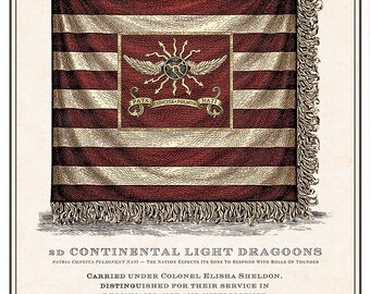 2nd Continental Light Dragons-vlagafdruk | Revolutionaire oorlogsvlagkunst | 18e-eeuwse gravure | Historisch wanddecor