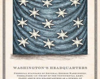 Washington’s Headquarters Flag Print | George Washington Standard | 18th Century Copperplate Engraving | Historical Wall Art