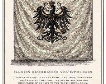 Baron von Steuben-vlagafdruk | Banner Pruisische adelaar | Revolutionaire oorlogsvlagkunst | 18e-eeuwse kopergravure | Historische muurkunst