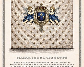 Marquis de Lafayette Flag Print | Revolutionary War Flag Art | 18th Century Copperplate Engraving | Historical Wall Decor
