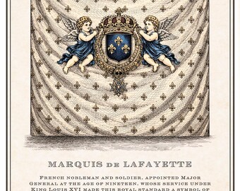 Markies de Lafayette-vlagafdruk | Revolutionaire oorlogsvlagkunst | 18e-eeuwse kopergravure | Historisch wanddecor
