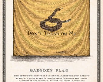Gadsden Flag Print | Don’t Tread on Me | Revolutionary War Flag Art | 18th Century Engraving | Historical Wall Decor